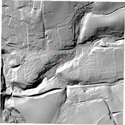 Shaded relief map of the ground around TS134JX, computed from Environment Agency LiDAR. The ground here sits at about 81 m above sea level and falls 64 m across the surrounding 800 m. Surface water reaching this point runs off ground lying to the north-east, 32.9 m higher.