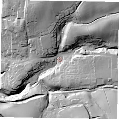 Shaded relief map of the ground around TS134JY, computed from Environment Agency LiDAR. The ground here sits at about 83 m above sea level and falls 56 m across the surrounding 800 m. Surface water reaching this point runs off ground lying to the north-east, 42.1 m higher.
