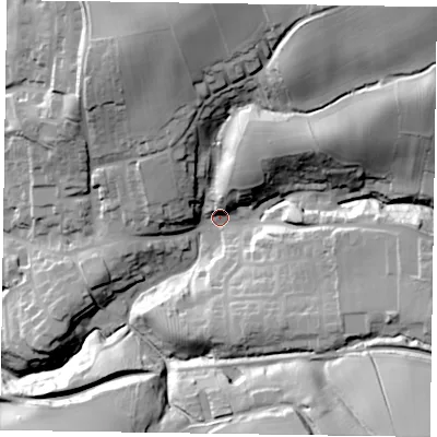 Shaded relief map of the ground around TS134LA, computed from Environment Agency LiDAR. The ground here sits at about 84 m above sea level and falls 59 m across the surrounding 800 m. Surface water reaching this point runs off ground lying to the north-east, 44.3 m higher.