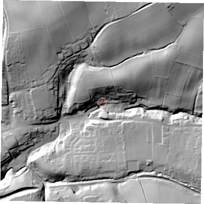 Shaded relief map of the ground around TS134LB, computed from Environment Agency LiDAR. The ground here sits at about 90 m above sea level and falls 57 m across the surrounding 800 m. Surface water reaching this point runs off ground lying to the north-east, 41.8 m higher.
