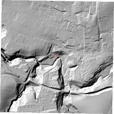 Shaded relief map of the ground around TS134PY, computed from Environment Agency LiDAR. The ground here sits at about 63 m above sea level and falls 73 m across the surrounding 800 m. Surface water reaching this point runs off ground lying to the north-east, 56.9 m higher.