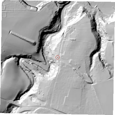 Shaded relief map of the ground around TS135AD, computed from Environment Agency LiDAR. The ground here sits at about 41 m above sea level and falls 59 m across the surrounding 800 m. Surface water reaching this point runs off ground lying to the south-east, 15.0 m higher.