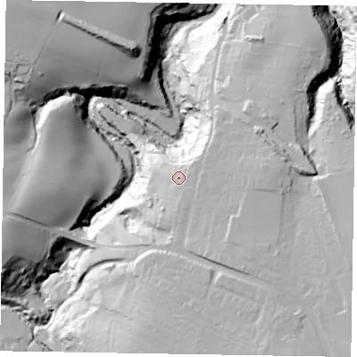 Shaded relief map of the ground around TS135AQ, computed from Environment Agency LiDAR. The ground here sits at about 45 m above sea level and falls 55 m across the surrounding 800 m. Surface water reaching this point runs off ground lying to the east, 10.8 m higher.