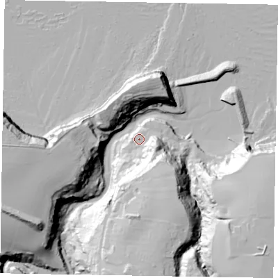 Shaded relief map of the ground around TS135BH, computed from Environment Agency LiDAR. The ground here sits at about 10 m above sea level and falls 61 m across the surrounding 800 m. Surface water reaching this point runs off ground lying to the south-south-east, 21.0 m higher.