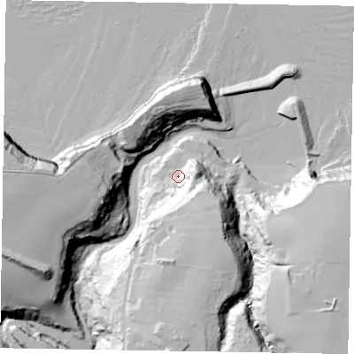 Shaded relief map of the ground around TS135BQ, computed from Environment Agency LiDAR. The ground here sits at about 12 m above sea level and falls 61 m across the surrounding 800 m. Surface water reaching this point runs off ground lying to the south-south-east, 39.7 m higher.