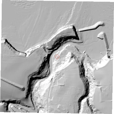 Shaded relief map of the ground around TS135BU, computed from Environment Agency LiDAR. The ground here sits at about 9 m above sea level and falls 60 m across the surrounding 800 m. Surface water reaching this point runs off ground lying to the south-south-east, 44.7 m higher.