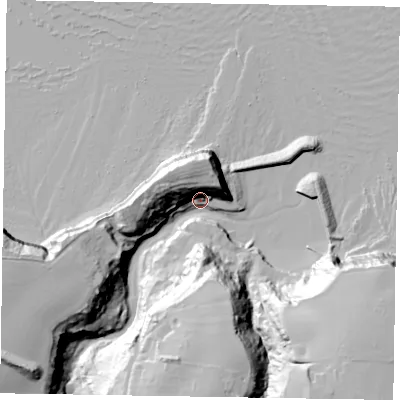 Shaded relief map of the ground around TS135BY, computed from Environment Agency LiDAR. The ground here sits at about 6 m above sea level and falls 60 m across the surrounding 800 m. Surface water reaching this point runs off ground lying to the south-west, 50.3 m higher.
