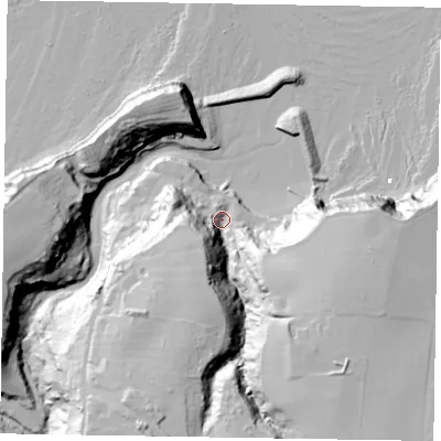 Shaded relief map of the ground around TS135DD, computed from Environment Agency LiDAR. The ground here sits at about 8 m above sea level and falls 61 m across the surrounding 800 m. Surface water reaching this point runs off ground lying to the south-east, 52.3 m higher.