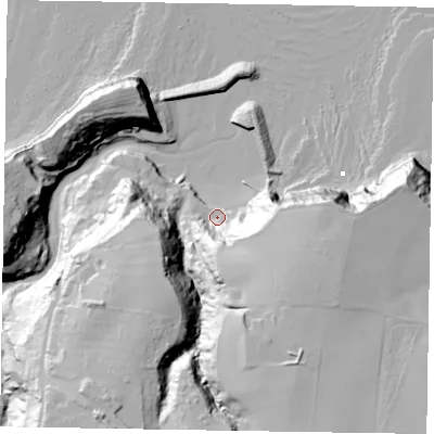 Shaded relief map of the ground around TS135DH, computed from Environment Agency LiDAR. The ground here sits at about 7 m above sea level and falls 61 m across the surrounding 800 m. Surface water reaching this point runs off ground lying to the east-south-east, 54.3 m higher.