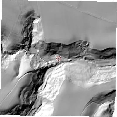Shaded relief map of the ground around TS135DU, computed from Environment Agency LiDAR. The ground here sits at about 17 m above sea level and falls 58 m across the surrounding 800 m. Surface water reaching this point runs off ground lying to the south-west, 52.5 m higher.