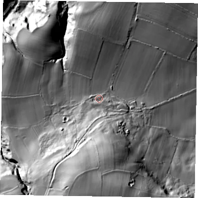Shaded relief map of the ground around TS135DZ, computed from Environment Agency LiDAR. The ground here sits at about 87 m above sea level and falls 135 m across the surrounding 800 m. Surface water reaching this point runs off ground lying to the south, 79.0 m higher.