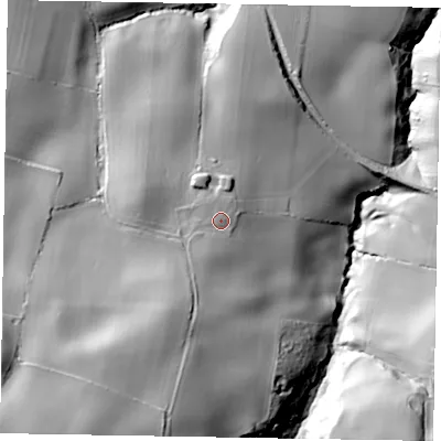 Shaded relief map of the ground around TS135NE, computed from Environment Agency LiDAR. The ground here sits at about 127 m above sea level and falls 91 m across the surrounding 800 m. Surface water reaching this point runs off ground lying to the south-south-west, 23.5 m higher.