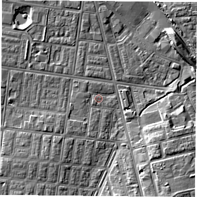 Shaded relief map of the ground around TS13EJ, computed from Environment Agency LiDAR. The ground here sits at about 5 m above sea level and falls 8 m across the surrounding 800 m. Surface water reaching this point runs off ground lying to the south-east, 7.4 m higher.