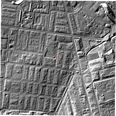 Shaded relief map of the ground around TS13EL, computed from Environment Agency LiDAR. The ground here sits at about 6 m above sea level and falls 8 m across the surrounding 800 m. Surface water reaching this point runs off ground lying to the west-south-west, 1.4 m higher.