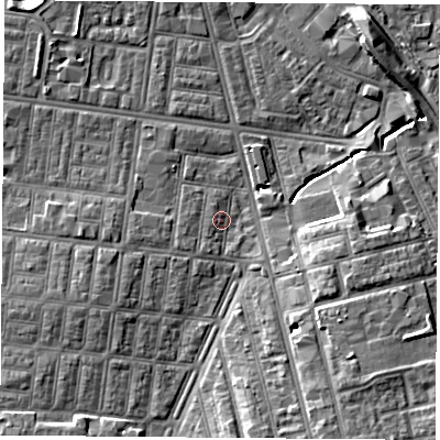 Shaded relief map of the ground around TS13EP, computed from Environment Agency LiDAR. The ground here sits at about 5 m above sea level and falls 8 m across the surrounding 800 m. Surface water reaching this point runs off ground lying to the south-east, 7.4 m higher.