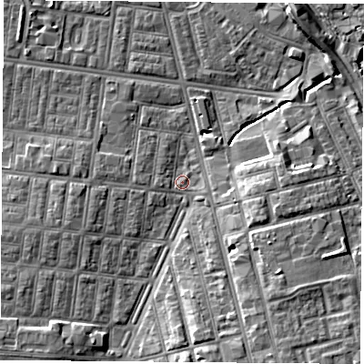 Shaded relief map of the ground around TS13ER, computed from Environment Agency LiDAR. The ground here sits at about 5 m above sea level and falls 9 m across the surrounding 800 m. Surface water reaching this point runs off ground lying to the south-south-east, 7.5 m higher.