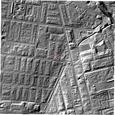 Shaded relief map of the ground around TS13ES, computed from Environment Agency LiDAR. The ground here sits at about 5 m above sea level and falls 8 m across the surrounding 800 m. Surface water reaching this point runs off ground lying to the south-east, 7.5 m higher.