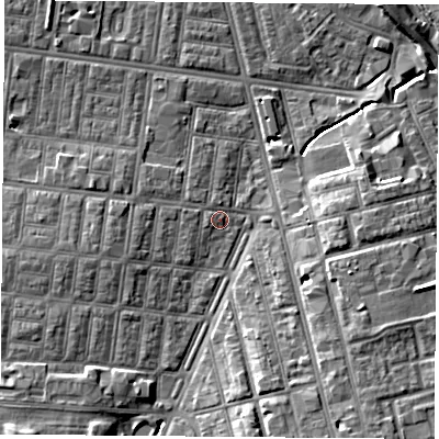Shaded relief map of the ground around TS13HF, computed from Environment Agency LiDAR. The ground here sits at about 6 m above sea level and falls 9 m across the surrounding 800 m. Surface water reaching this point runs off ground lying to the west, 1.0 m higher.