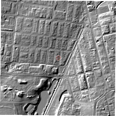 Shaded relief map of the ground around TS13HH, computed from Environment Agency LiDAR. The ground here sits at about 6 m above sea level and falls 10 m across the surrounding 800 m. Surface water reaching this point runs off ground lying to the north-north-west, 1.5 m higher.