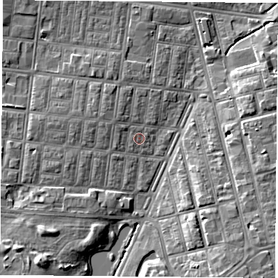 Shaded relief map of the ground around TS13HJ, computed from Environment Agency LiDAR. The ground here sits at about 6 m above sea level and falls 9 m across the surrounding 800 m. Surface water reaching this point runs off ground lying to the west-north-west, 0.6 m higher.