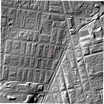 Shaded relief map of the ground around TS13HN, computed from Environment Agency LiDAR. The ground here sits at about 6 m above sea level and falls 9 m across the surrounding 800 m. Surface water reaching this point runs off ground lying to the west, 1.8 m higher.