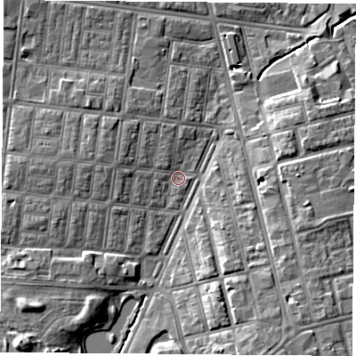 Shaded relief map of the ground around TS13HP, computed from Environment Agency LiDAR. The ground here sits at about 5 m above sea level and falls 9 m across the surrounding 800 m. Surface water reaching this point runs off ground lying to the west-north-west, 2.1 m higher.