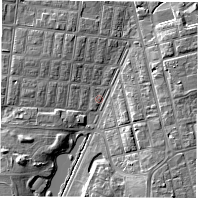 Shaded relief map of the ground around TS13HQ, computed from Environment Agency LiDAR. The ground here sits at about 5 m above sea level and falls 10 m across the surrounding 800 m. Surface water reaching this point runs off ground lying to the south-east, 6.1 m higher.