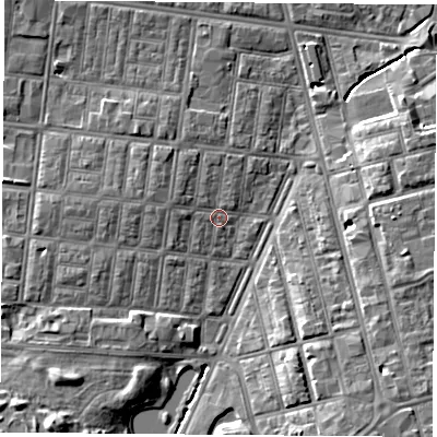 Shaded relief map of the ground around TS13HR, computed from Environment Agency LiDAR. The ground here sits at about 6 m above sea level and falls 9 m across the surrounding 800 m. Surface water reaching this point runs off ground lying to the west-north-west, 1.6 m higher.