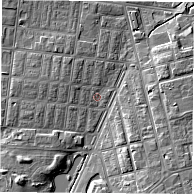 Shaded relief map of the ground around TS13HW, computed from Environment Agency LiDAR. The ground here sits at about 6 m above sea level and falls 9 m across the surrounding 800 m. Surface water reaching this point runs off ground lying to the south-south-east, 6.1 m higher.