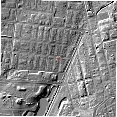 Shaded relief map of the ground around TS13JG, computed from Environment Agency LiDAR. The ground here sits at about 6 m above sea level and falls 10 m across the surrounding 800 m. Surface water reaching this point runs off ground lying to the north-north-west, 1.4 m higher.