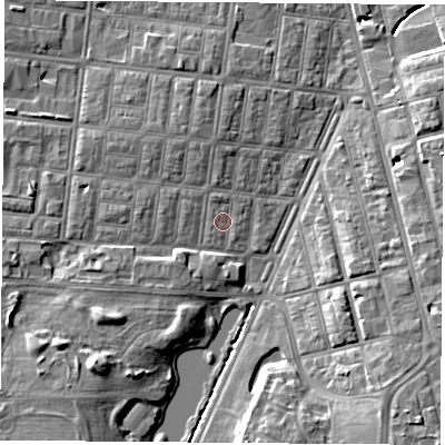 Shaded relief map of the ground around TS13JH, computed from Environment Agency LiDAR. The ground here sits at about 6 m above sea level and falls 10 m across the surrounding 800 m. Surface water reaching this point runs off ground lying to the north, 1.5 m higher.