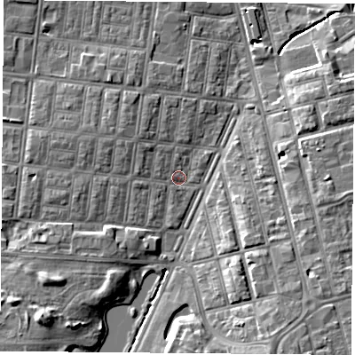 Shaded relief map of the ground around TS13JQ, computed from Environment Agency LiDAR. The ground here sits at about 6 m above sea level and falls 9 m across the surrounding 800 m. Surface water reaching this point runs off ground lying to the south-east, 6.1 m higher.