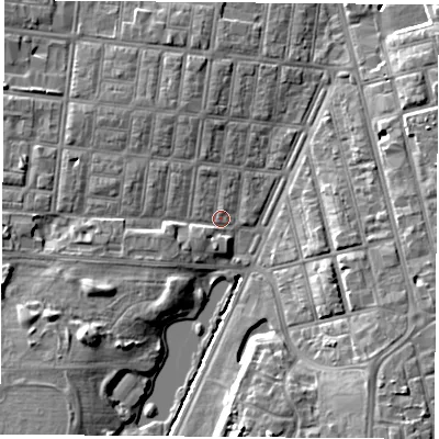 Shaded relief map of the ground around TS13JZ, computed from Environment Agency LiDAR. The ground here sits at about 6 m above sea level and falls 9 m across the surrounding 800 m. Surface water reaching this point runs off ground lying to the south-west, 5.8 m higher.