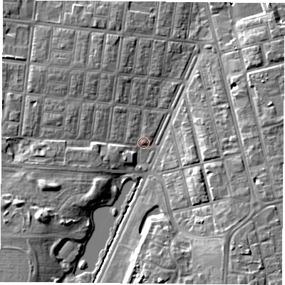 Shaded relief map of the ground around TS13LA, computed from Environment Agency LiDAR. The ground here sits at about 6 m above sea level and falls 9 m across the surrounding 800 m. Surface water reaching this point runs off ground lying to the south-east, 6.1 m higher.