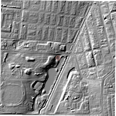 Shaded relief map of the ground around TS13LB, computed from Environment Agency LiDAR. The ground here sits at about 5 m above sea level and falls 9 m across the surrounding 800 m. Surface water reaching this point runs off ground lying to the west-south-west, 6.5 m higher.