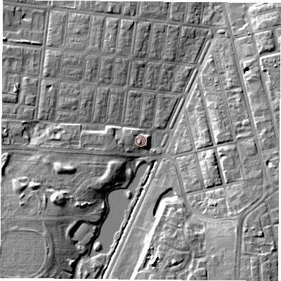 Shaded relief map of the ground around TS13LD, computed from Environment Agency LiDAR. The ground here sits at about 7 m above sea level and falls 9 m across the surrounding 800 m. Surface water reaching this point runs off ground lying to the west-north-west, 1.6 m higher.