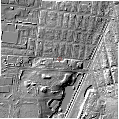 Shaded relief map of the ground around TS13LL, computed from Environment Agency LiDAR. The ground here sits at about 7 m above sea level and falls 9 m across the surrounding 800 m. Surface water reaching this point runs off ground lying to the south-south-west, 5.1 m higher.