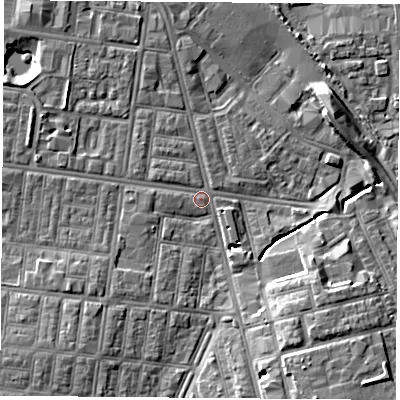 Shaded relief map of the ground around TS13RX, computed from Environment Agency LiDAR. The ground here sits at about 5 m above sea level and falls 8 m across the surrounding 800 m. Surface water reaching this point runs off ground lying to the south-south-east, 7.4 m higher.