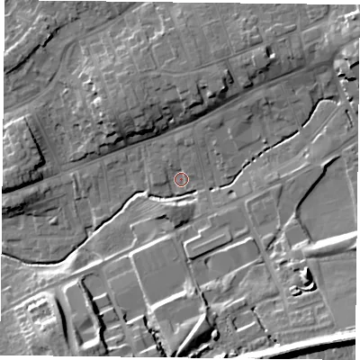 Shaded relief map of the ground around TS146DT, computed from Environment Agency LiDAR. The ground here sits at about 89 m above sea level and falls 22 m across the surrounding 800 m. Surface water reaching this point runs off ground lying to the south-east, 19.3 m higher.