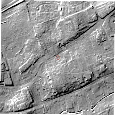 Shaded relief map of the ground around TS146ET, computed from Environment Agency LiDAR. The ground here sits at about 92 m above sea level and falls 12 m across the surrounding 800 m. Surface water reaching this point runs off ground lying to the north-east, 6.9 m higher.
