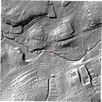 Shaded relief map of the ground around TS146LZ, computed from Environment Agency LiDAR. The ground here sits at about 86 m above sea level and falls 23 m across the surrounding 800 m. Surface water reaching this point runs off ground lying to the south-south-west, 19.1 m higher.