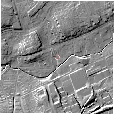 Shaded relief map of the ground around TS146NE, computed from Environment Agency LiDAR. The ground here sits at about 88 m above sea level and falls 22 m across the surrounding 800 m. Surface water reaching this point runs off ground lying to the north-north-east, 8.4 m higher.