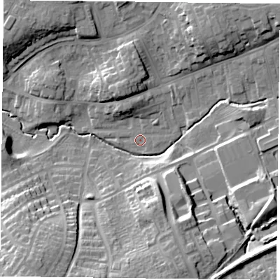 Shaded relief map of the ground around TS146NQ, computed from Environment Agency LiDAR. The ground here sits at about 87 m above sea level and falls 23 m across the surrounding 800 m. Surface water reaching this point runs off ground lying to the north-east, 1.6 m higher.