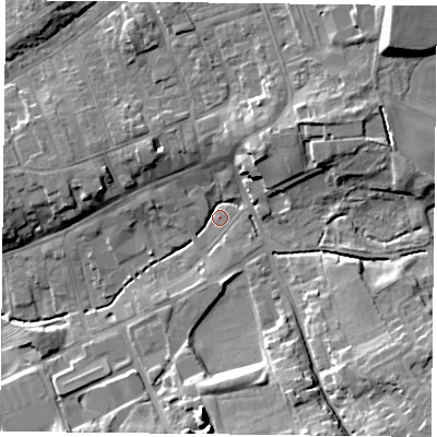 Shaded relief map of the ground around TS146PP, computed from Environment Agency LiDAR. The ground here sits at about 90 m above sea level and falls 17 m across the surrounding 800 m. Surface water reaching this point runs off ground lying to the south-east, 11.8 m higher.