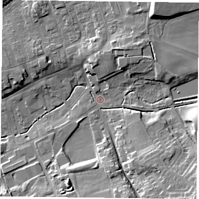 Shaded relief map of the ground around TS146PR, computed from Environment Agency LiDAR. The ground here sits at about 91 m above sea level and falls 17 m across the surrounding 800 m. Surface water reaching this point runs off ground lying to the south-east, 14.6 m higher.