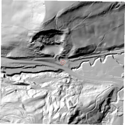 Shaded relief map of the ground around TS146PY, computed from Environment Agency LiDAR. The ground here sits at about 121 m above sea level and falls 103 m across the surrounding 800 m. Surface water reaching this point runs off ground lying to the north, 41.9 m higher.