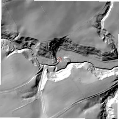 Shaded relief map of the ground around TS146QA, computed from Environment Agency LiDAR. The ground here sits at about 59 m above sea level and falls 52 m across the surrounding 800 m. Surface water reaching this point runs off ground lying to the west-north-west, 8.1 m higher.