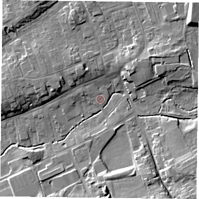 Shaded relief map of the ground around TS146QD, computed from Environment Agency LiDAR. The ground here sits at about 91 m above sea level and falls 17 m across the surrounding 800 m. Surface water reaching this point runs off ground lying to the north-north-west, 5.1 m higher.