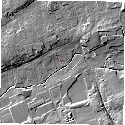 Shaded relief map of the ground around TS146QE, computed from Environment Agency LiDAR. The ground here sits at about 90 m above sea level and falls 17 m across the surrounding 800 m. Surface water reaching this point runs off ground lying to the north-north-west, 6.2 m higher.