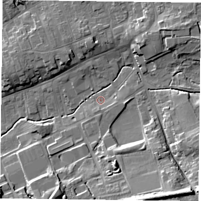 Shaded relief map of the ground around TS146QF, computed from Environment Agency LiDAR. The ground here sits at about 90 m above sea level and falls 22 m across the surrounding 800 m. Surface water reaching this point runs off ground lying to the east-south-east, 2.3 m higher.